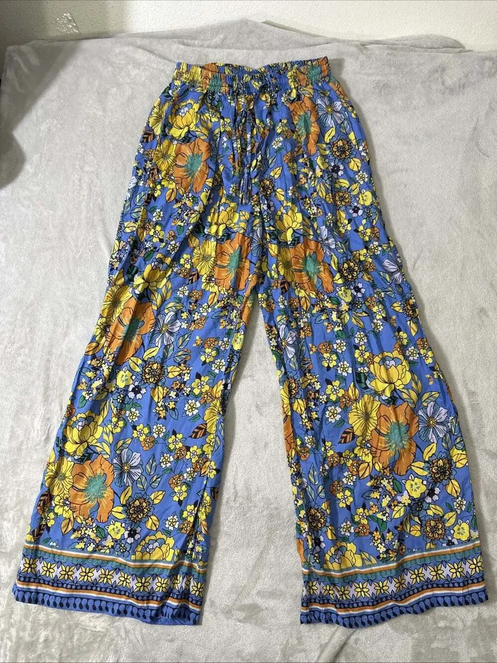 Angie Women’s Floral Wide Leg Rayon Palazzo Pants Blue Boho Size M